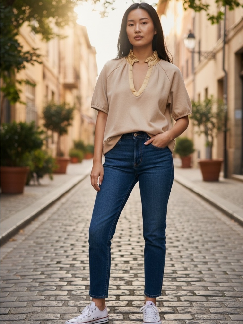 Beige Ruffle-Trim Crop Top with Keyhole - Women